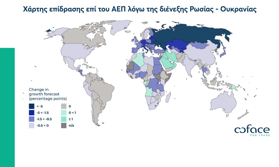 Coface: Χάρτης επίδρασης επί του ΑΕΠ λόγω της διένεξης Ρωσίας-Ουκρανίας